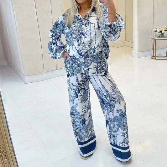Completo Coordinato Camicia e Pantalone Palazzo Stampa Toile