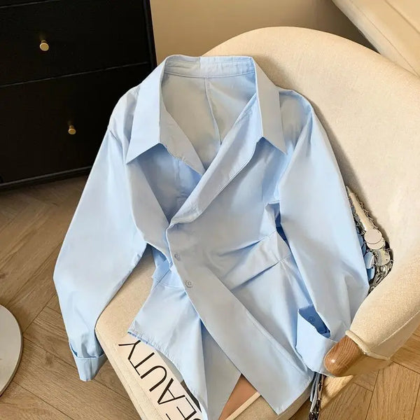 Camicia Azzurra a Incrocio con Dettaglio Drappeggiato