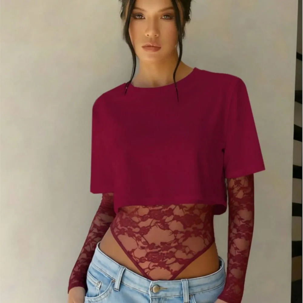 Body Crop Top a Due Strati con Maniche in Pizzo Floreale