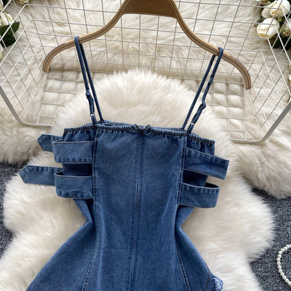 Top in Denim Asimmetrico con Fibbie e Bordi Sfrangiati