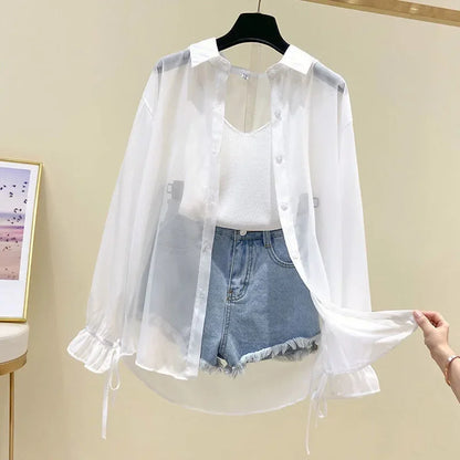 Camicia Oversize in Organza Trasparente con Polsini a Fiocco