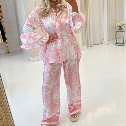 Completo Coordinato Camicia e Pantalone Palazzo Stampa Toile