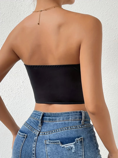Crop Top Corsetto Nero con Bordo in Piume
