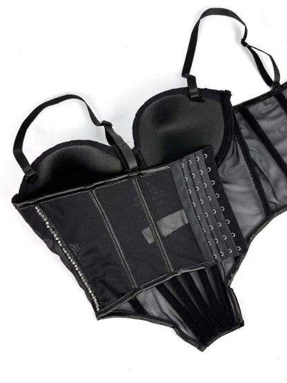 Body Corsetto Nero con Strass e Brillantini