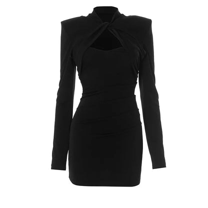 Abito Corto Nero con Cut-Out Incrociato e Spalline Strutturate