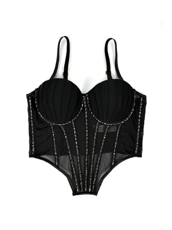 Body Corsetto Nero con Strass e Brillantini