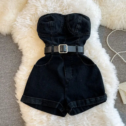 Tuta Corta in Denim Nero con Bustiér e Cintura