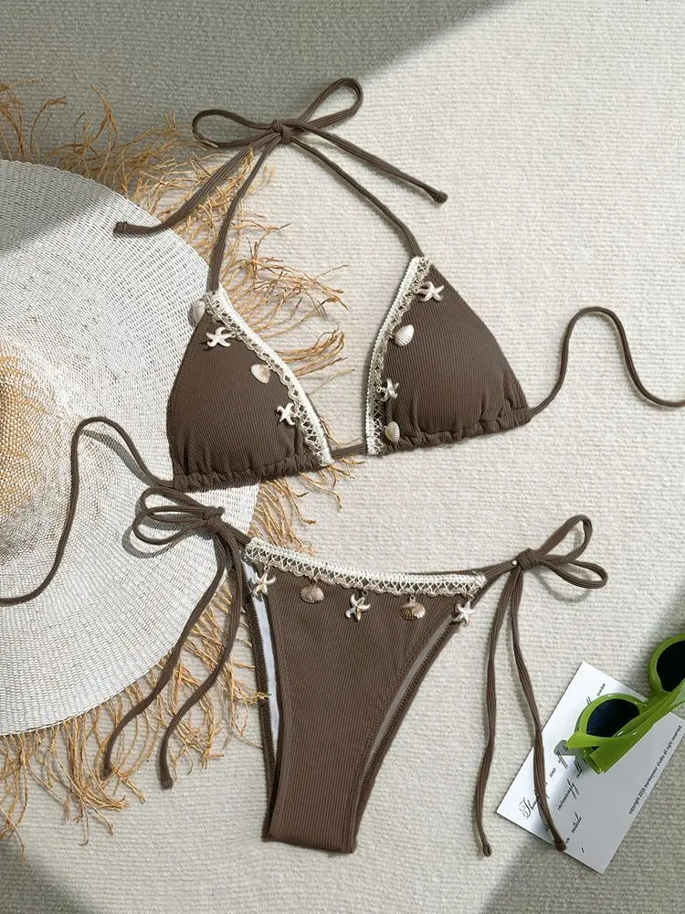 Bikini a Triangolo "Ocean Pearl" con Conchiglie e Perline