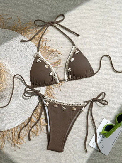 Bikini a Triangolo "Ocean Pearl" con Conchiglie e Perline