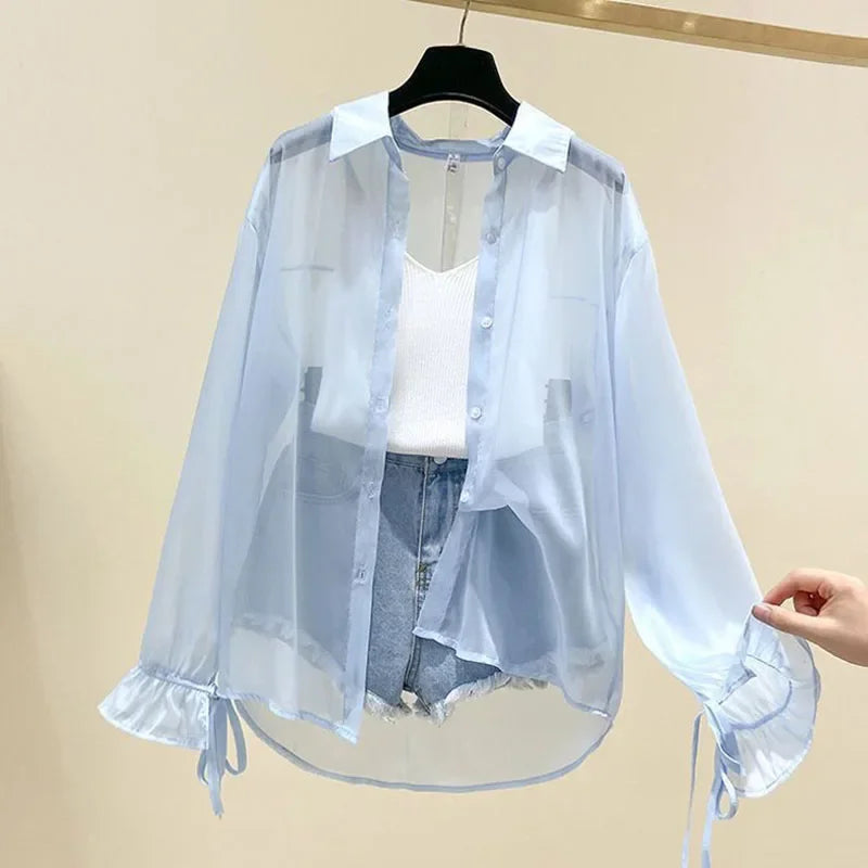 Camicia Oversize in Organza Trasparente con Polsini a Fiocco