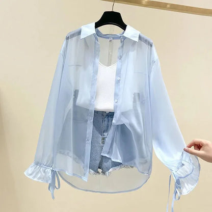 Camicia Oversize in Organza Trasparente con Polsini a Fiocco