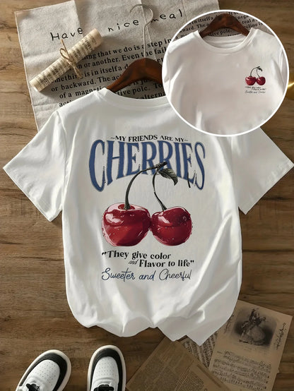 T-shirt in Cotone Bianca con Stampa "Cherries"