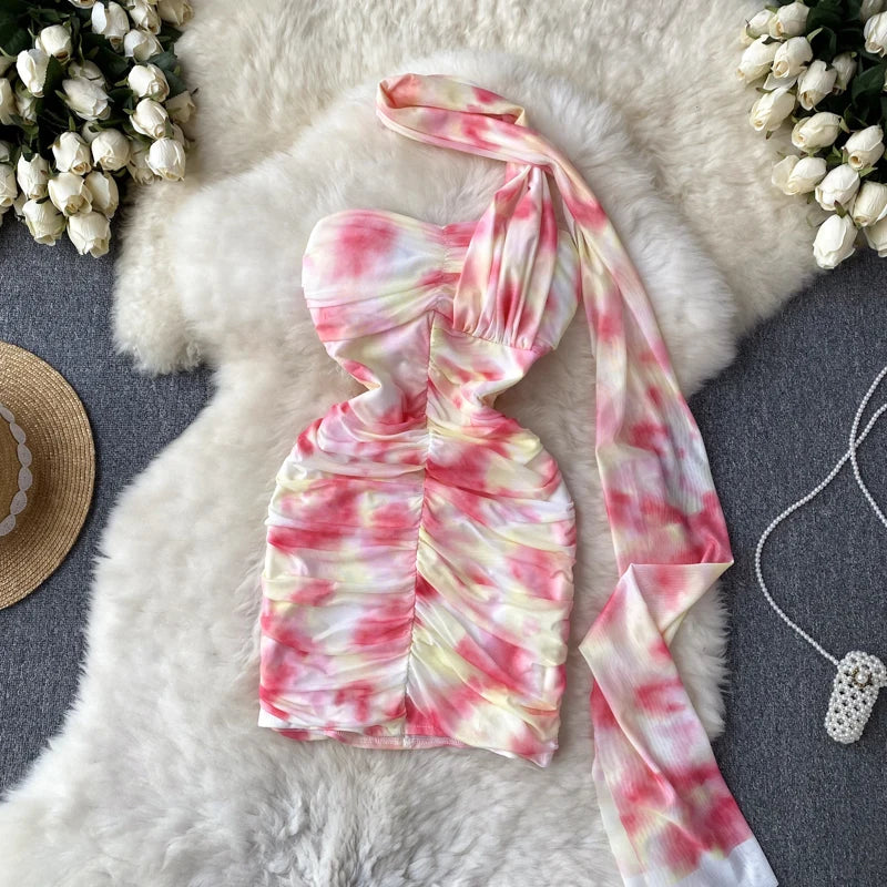 Mini Abito Halter Tie-Dye Aderente | Vestito da Sera Pieghettato Sexy