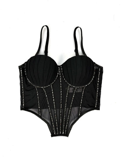 Body Corsetto Nero con Strass e Brillantini
