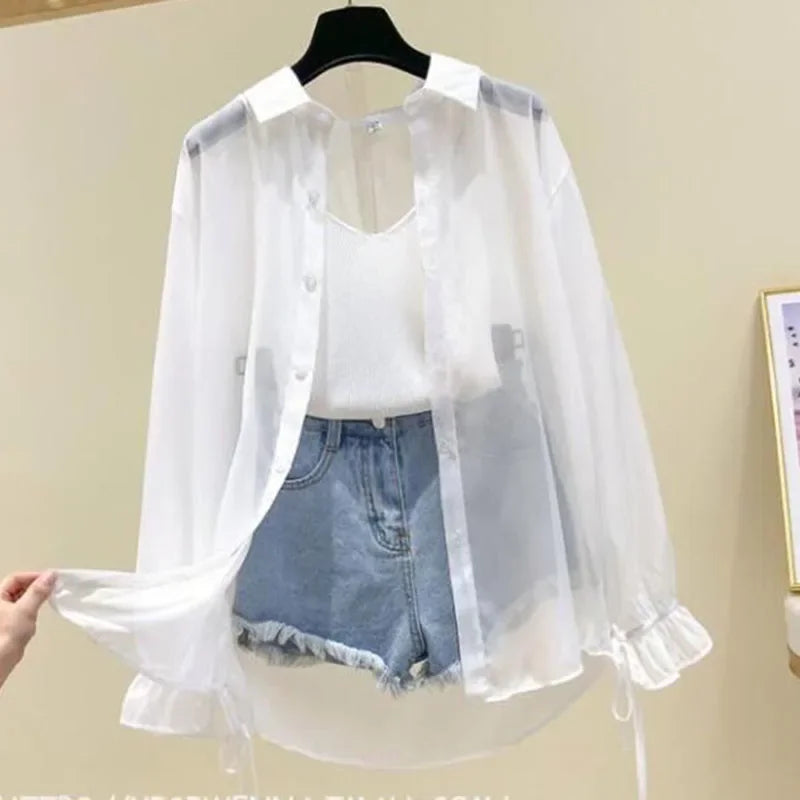 Camicia Oversize in Organza Trasparente con Polsini a Fiocco