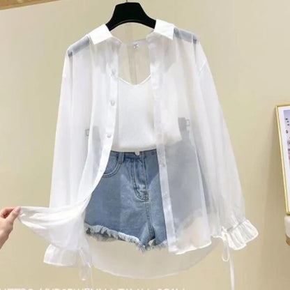 Camicia Oversize in Organza Trasparente con Polsini a Fiocco
