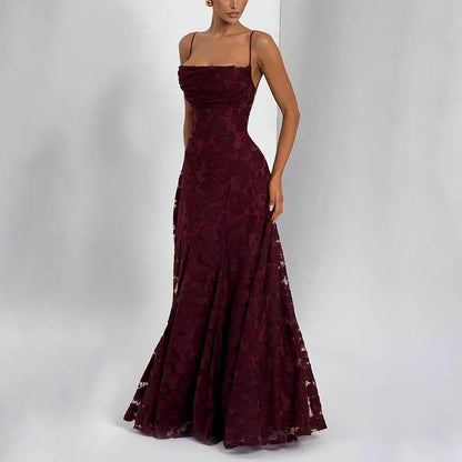 Robe de Soirée Longue Bordeaux en Dentelle avec Col Capuche