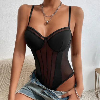 Body Corsetto in Mesh Nero con Coppe Strutturate