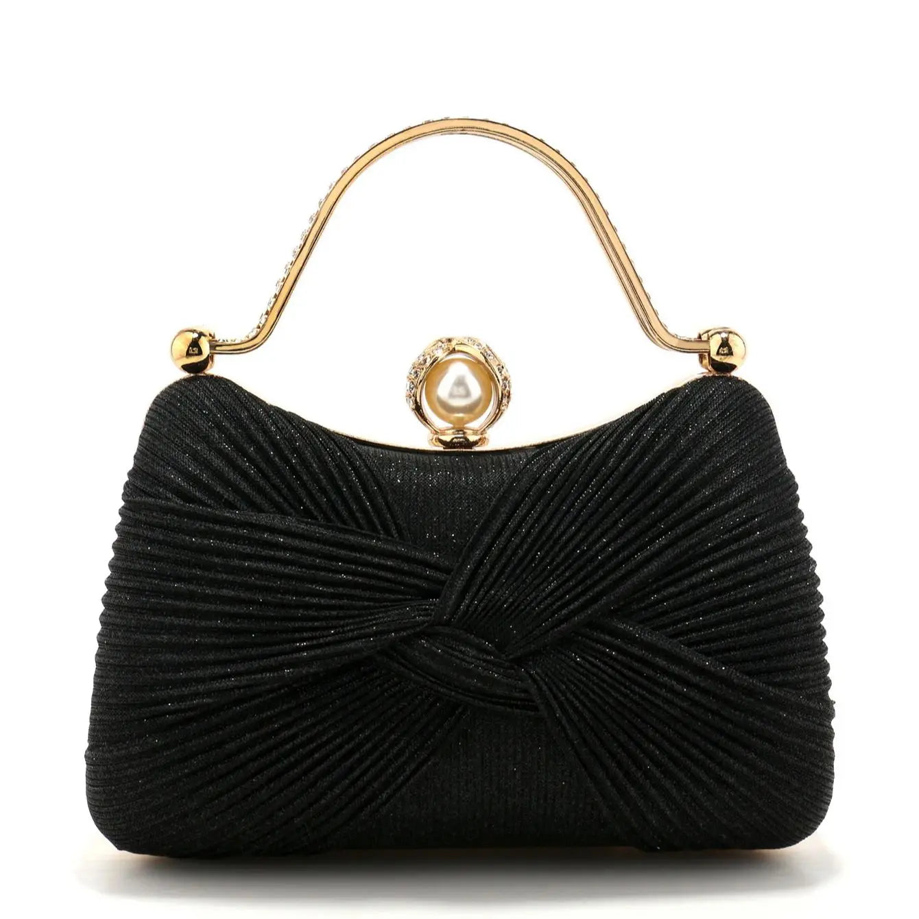 Borsa Clutch da Cerimonia Plissettata con Manico Dorato