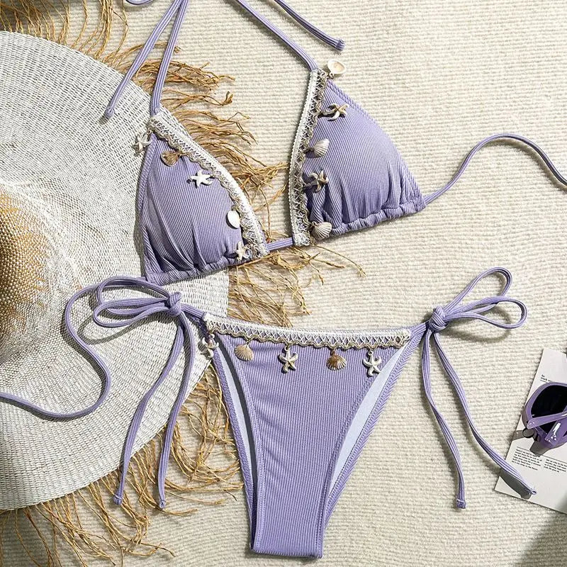 Bikini a Triangolo "Ocean Pearl" con Conchiglie e Perline