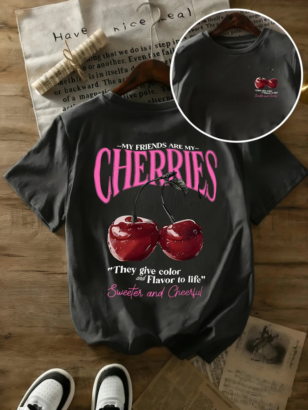 T-shirt in Cotone Bianca con Stampa "Cherries"