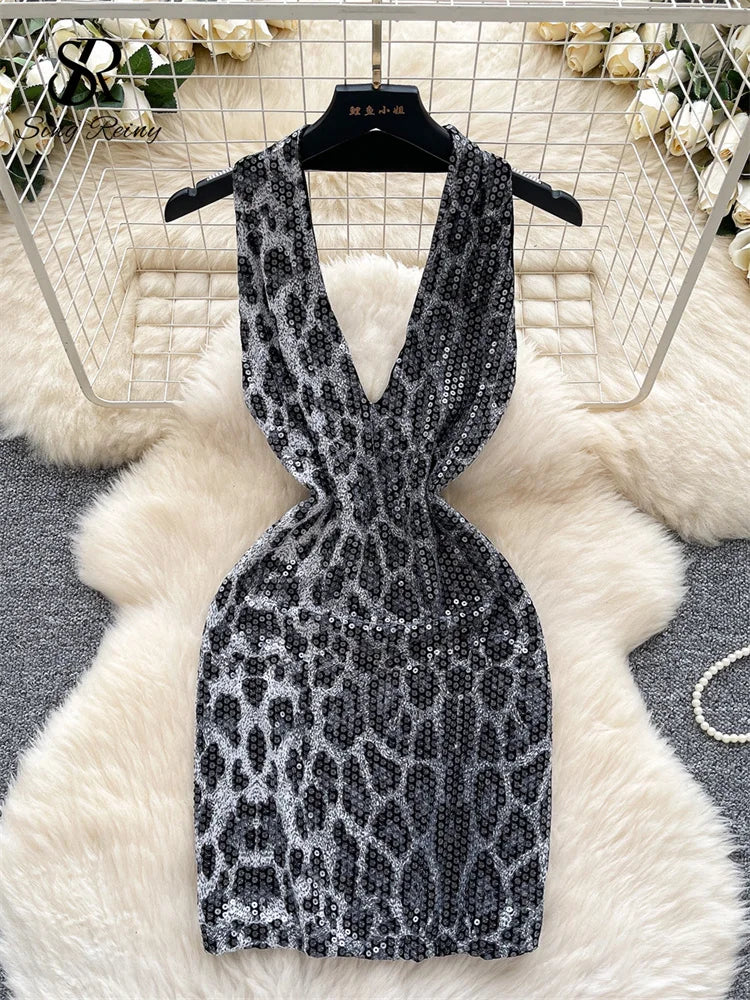 Abito Mini Leopardato con Paillettes - Scollo a V