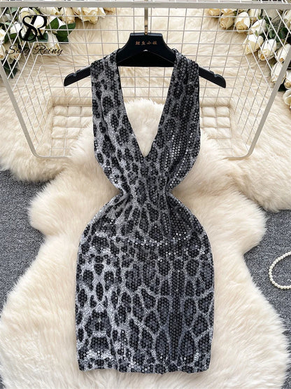 Abito Mini Leopardato con Paillettes - Scollo a V