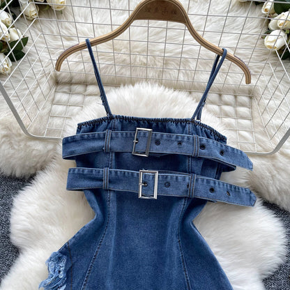 Top in Denim Asimmetrico con Fibbie e Bordi Sfrangiati