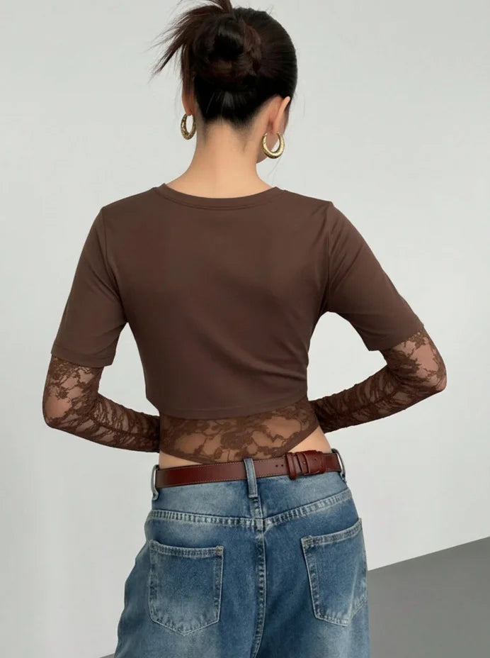 Body Crop Top a Due Strati con Maniche in Pizzo Floreale