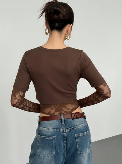 Body Crop Top a Due Strati con Maniche in Pizzo Floreale