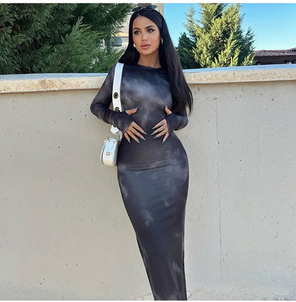 Abito Maxi Aderente in Mesh con Stampa Sfumata