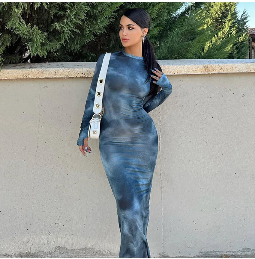 Abito Maxi Aderente in Mesh con Stampa Sfumata