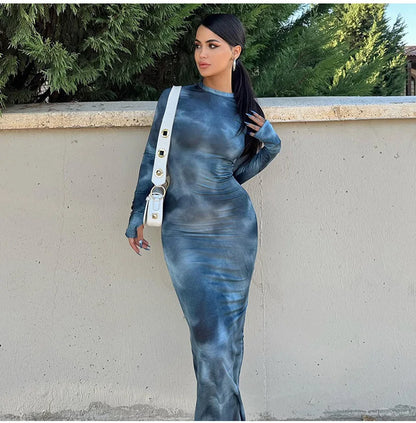Abito Maxi Aderente in Mesh con Stampa Sfumata