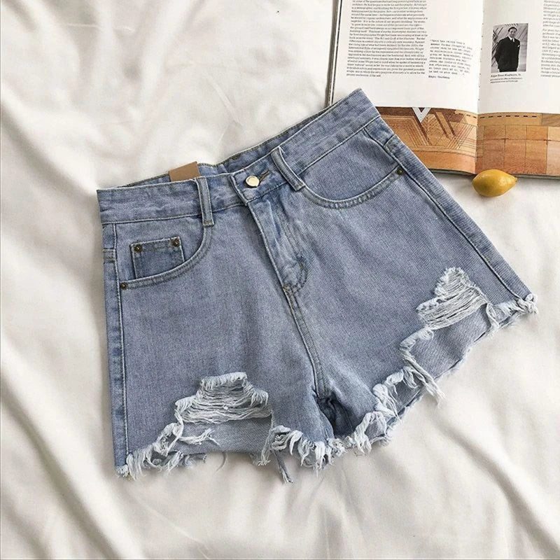 Pantaloncini Jeans Vita Alta Strappati - Shorts Denim Distressed in Vari Colori