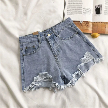 Pantaloncini Jeans Vita Alta Strappati - Shorts Denim Distressed in Vari Colori