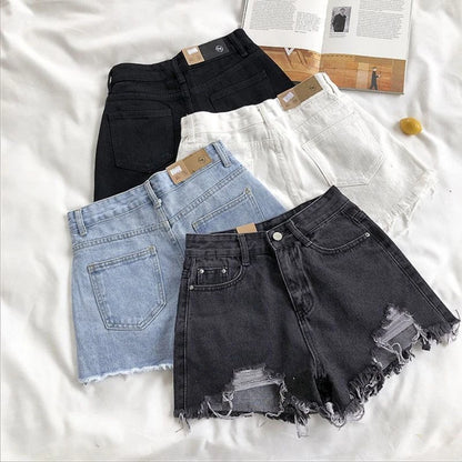 Pantaloncini Jeans Vita Alta Strappati - Shorts Denim Distressed in Vari Colori