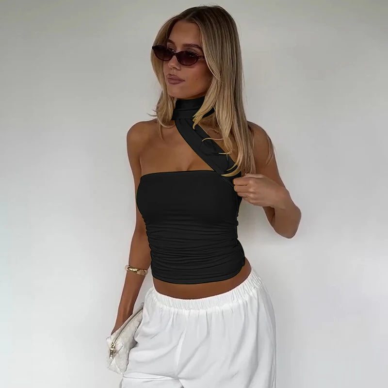 Top Halter Elegante con Sciarpa e Dettaglio Increspato
