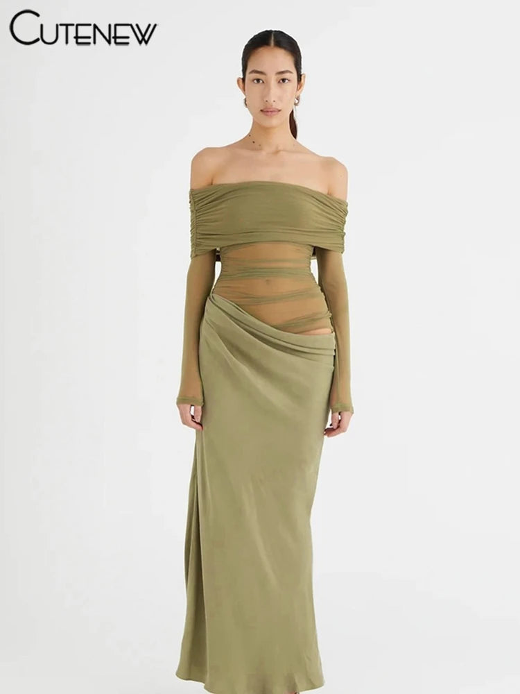 Vestito Elegante da Sera con Spalle Scoperte e Dettaglio Mesh Trasparente