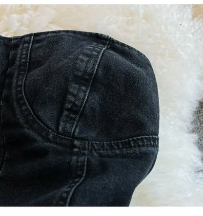 Tuta Corta in Denim Nero con Bustiér e Cintura