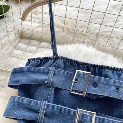 Top in Denim Asimmetrico con Fibbie e Bordi Sfrangiati
