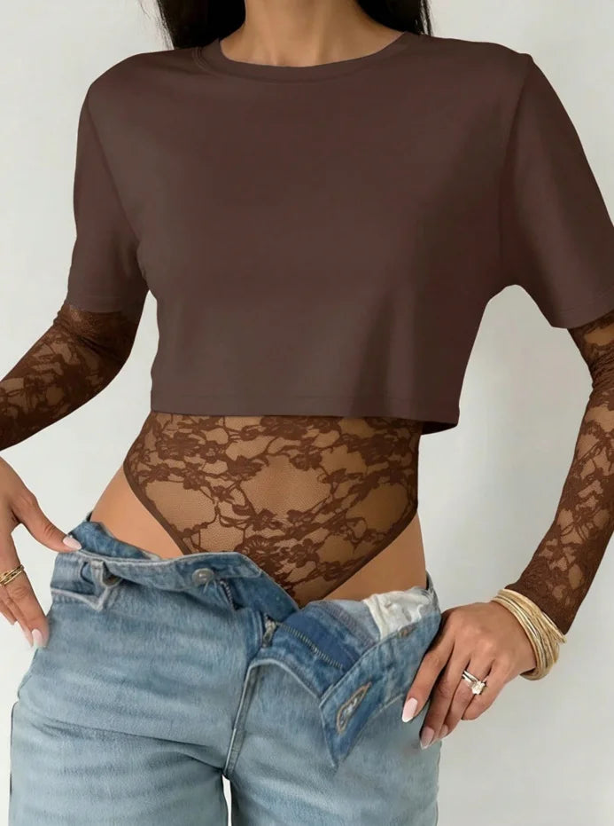 Body Crop Top a Due Strati con Maniche in Pizzo Floreale