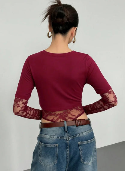 Body Crop Top a Due Strati con Maniche in Pizzo Floreale