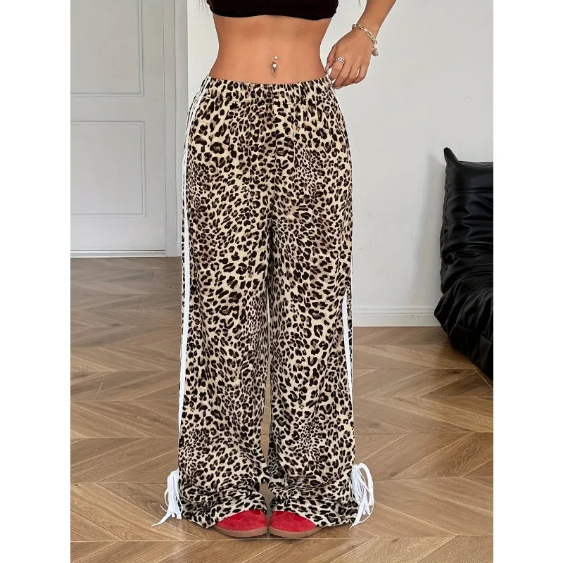 Pantaloni Palazzo Y2K Leopardati con Bande Laterali e Stringhe