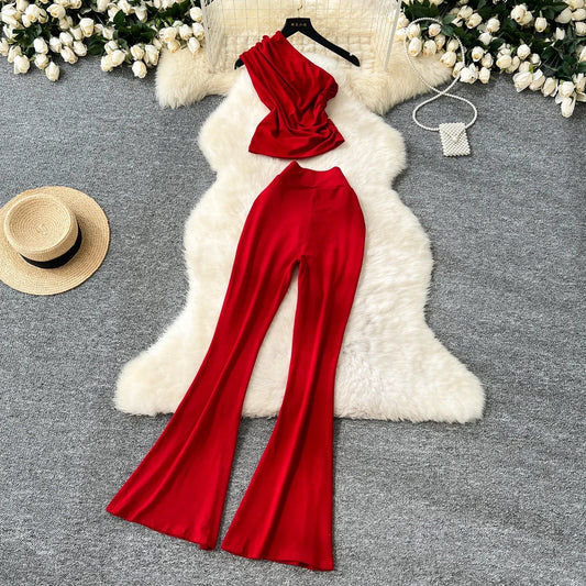 Completo Due Pezzi Donna: Top Monospalla e Pantaloni a Zampa Coordinati