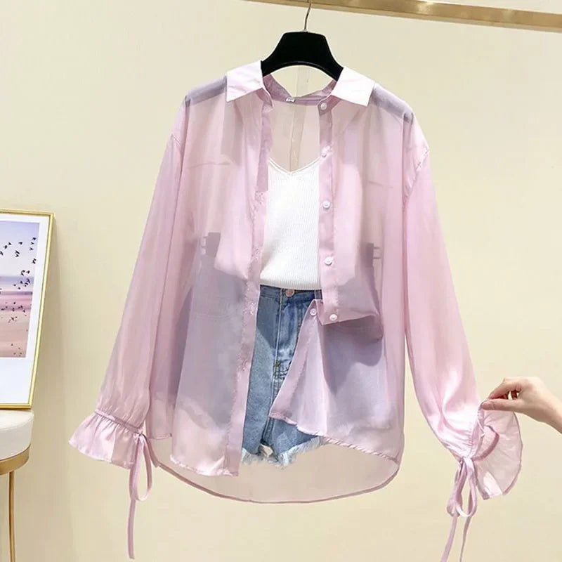 Camicia Oversize in Organza Trasparente con Polsini a Fiocco
