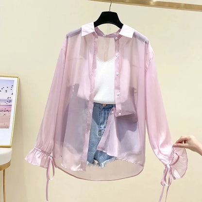 Camicia Oversize in Organza Trasparente con Polsini a Fiocco