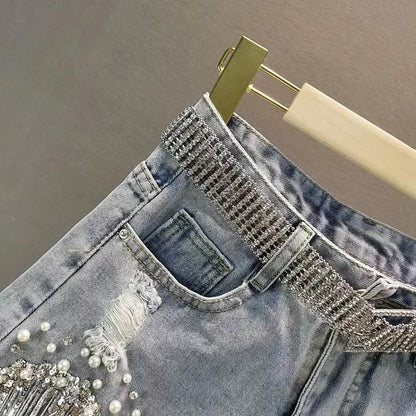 Shorts Jeans a Vita Alta con Frange di Strass e Perle.