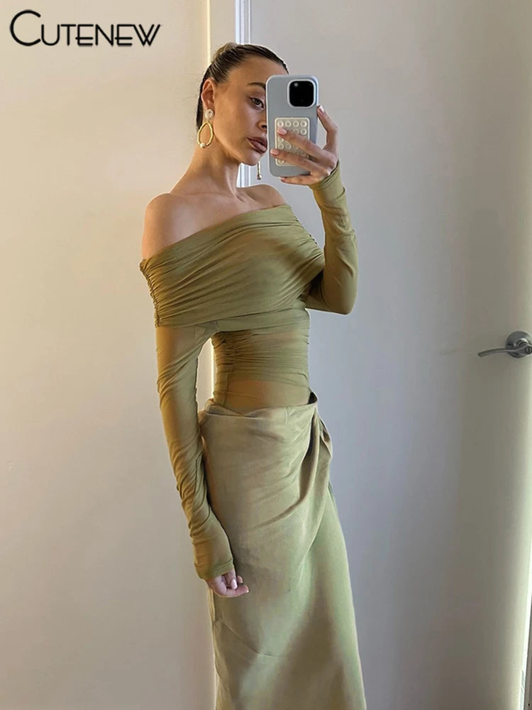 Vestito Elegante da Sera con Spalle Scoperte e Dettaglio Mesh Trasparente