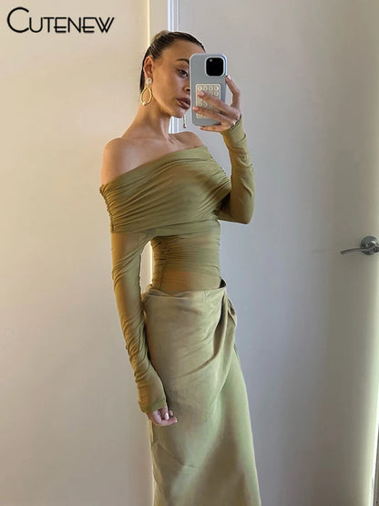 Vestito Elegante da Sera con Spalle Scoperte e Dettaglio Mesh Trasparente
