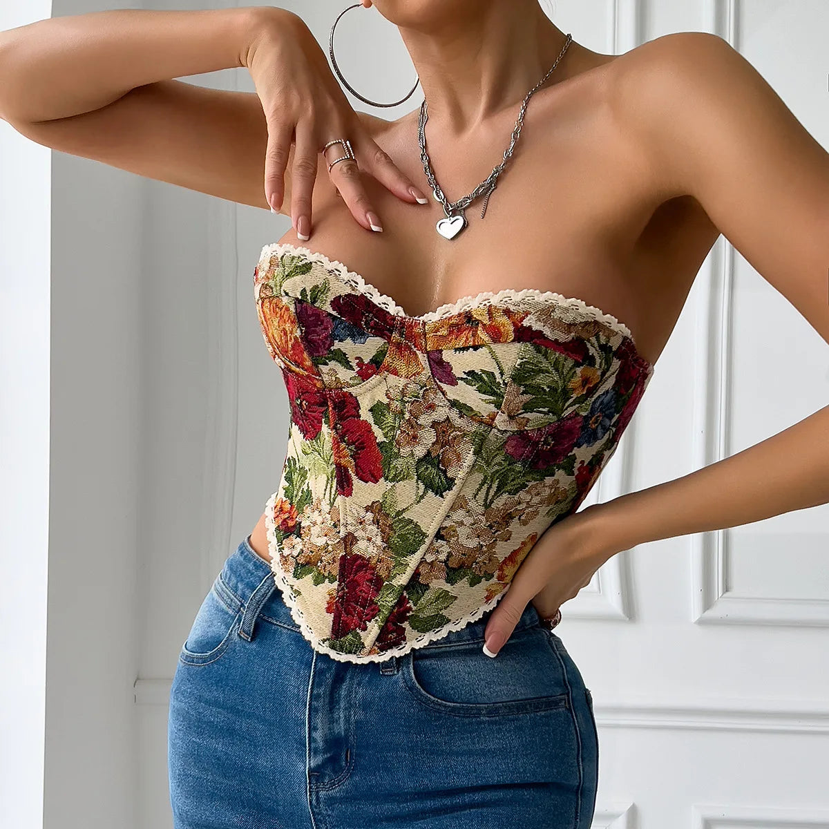 Top Corsetto Floreale con Stringhe Posteriori